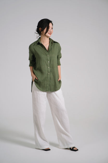 Women Linen Shirt - Olive