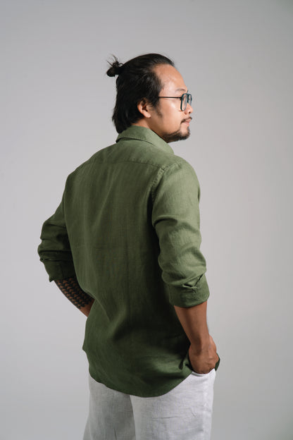 Men Linen Shirt - Olive