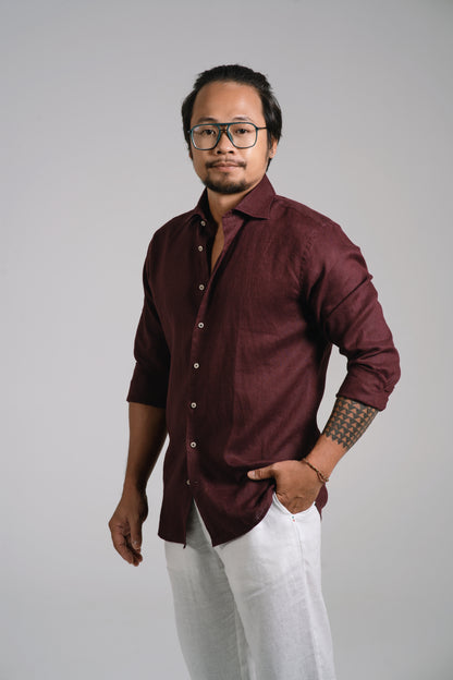 Men Linen Shirt - Burgundy